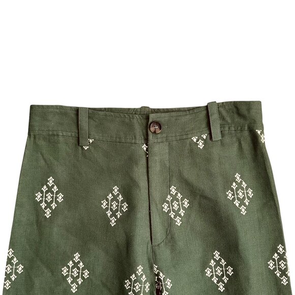 Zara Women's Size M Embroidered Viscose Linen Blend Wide Leg Cropped Green Pants - Picture 3 of 7